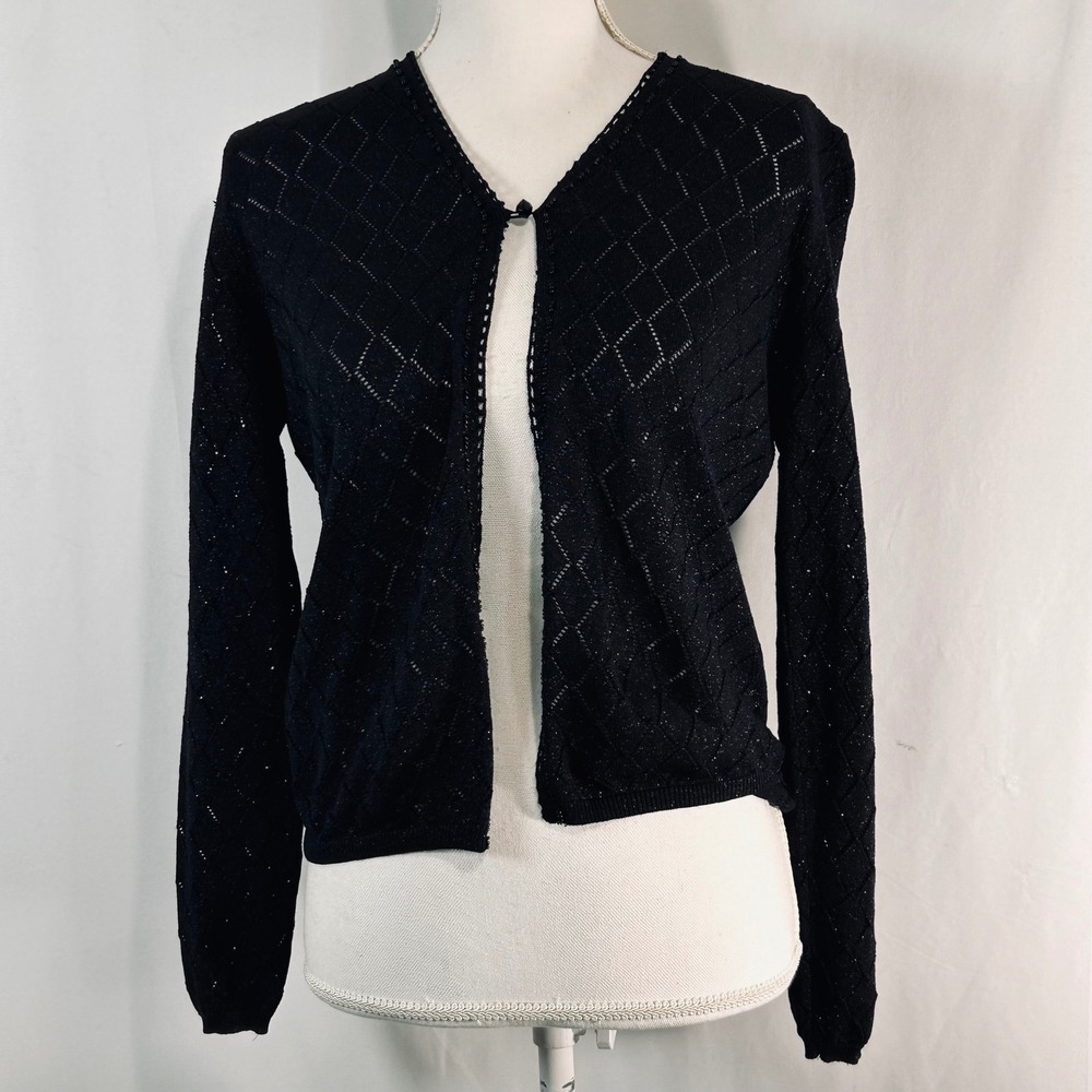 Valerie Stevens Evening Black Shimmer Pointelle Beaded Cardigan Sweater‎ S